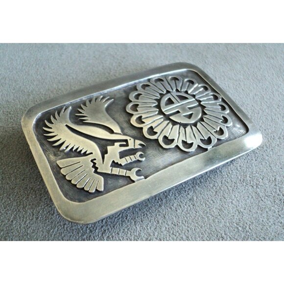 Native American STERLING Silver BELT BUCKLE Eagle SUN FACE Carved Signed SC - Picture 3 of 7